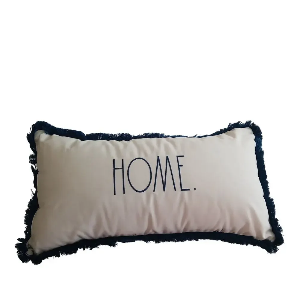 Rae Dunn HOME Lumbar Pillow 24x16 White Blue Fringe Embroidered Farmhouse Decor